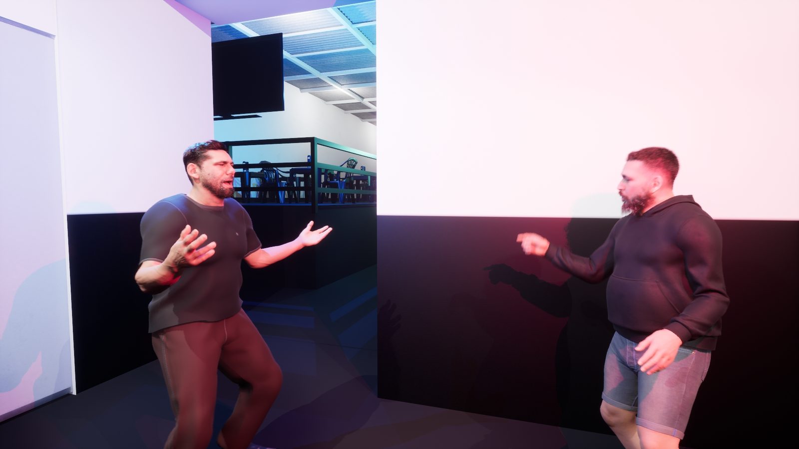 Render 3D de reconstituição forense — discussão entre duas pessoas em um bar